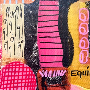 May include: Abstract painting with pink, black, brown, and gold paint. The painting features geometric shapes, stripes, and a grid pattern. The text "Long" and "Equi" are visible in the painting.