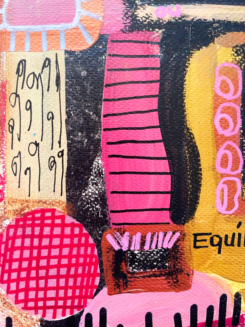 May include: Abstract painting with pink, black, brown, and gold paint. The painting features geometric shapes, stripes, and a grid pattern. The text "Long" and "Equi" are visible in the painting.