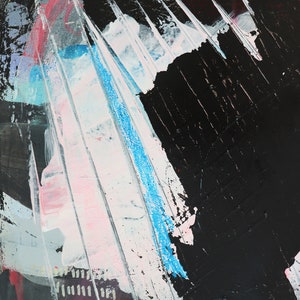 May include: Abstract painting with black, white, pink, blue, and gray paint strokes. The painting has a textured surface and a layered look.