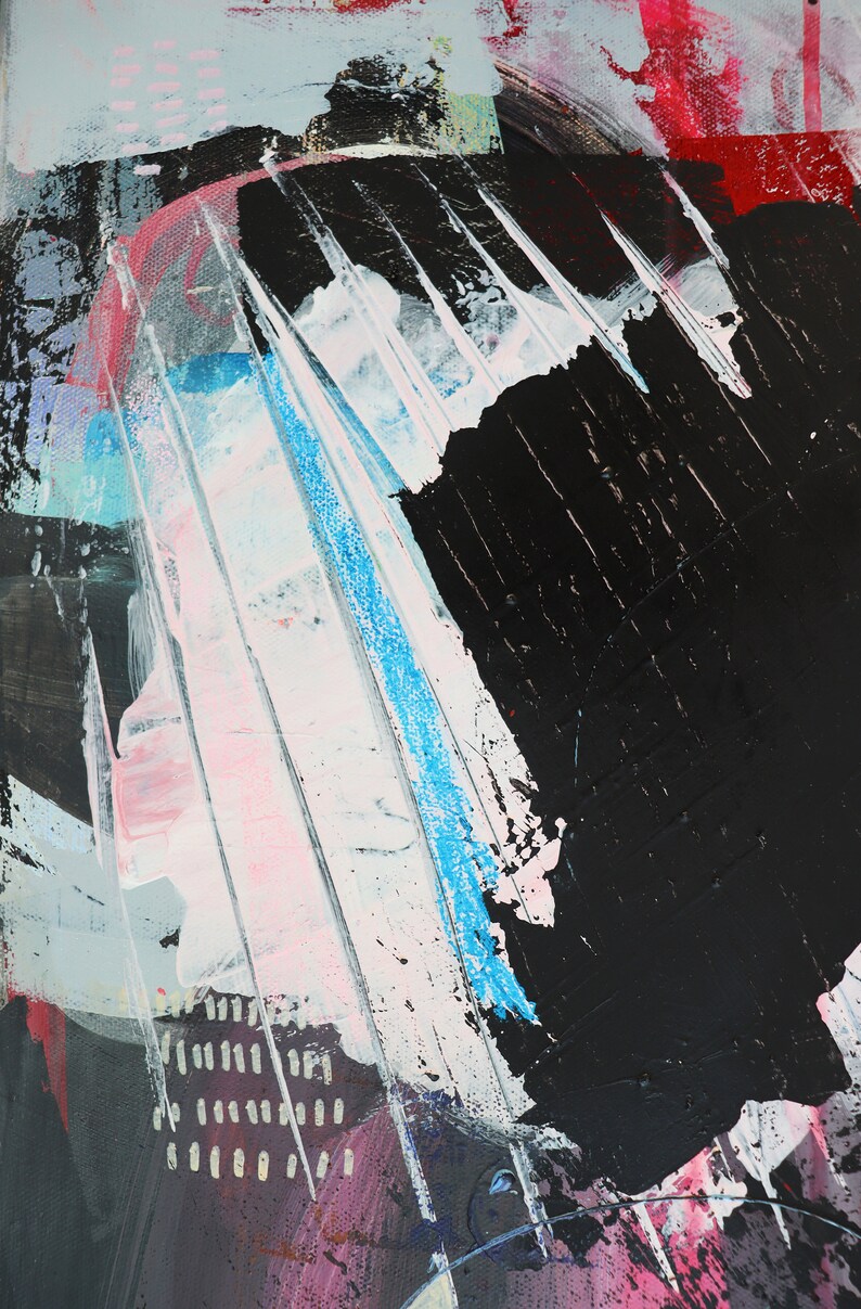 May include: Abstract painting with black, white, pink, blue, and gray paint strokes. The painting has a textured surface and a layered look.