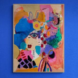Abstract Portrait Painting, Mixed Media Collage Art, Modern Wall Art, Whimsical Art