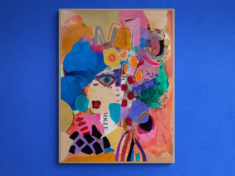 May include: Abstract painting of a woman's face with a blue hat, colorful shapes, and the word "Vogue" in the background.