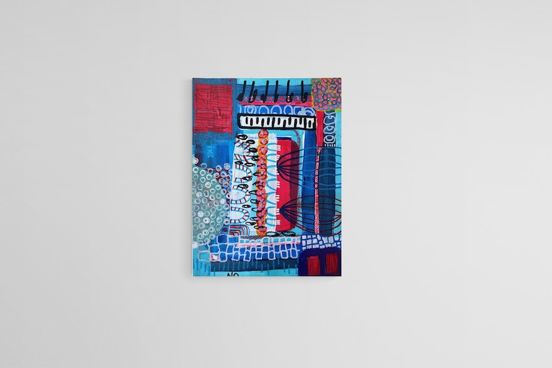 May include: Abstract painting with a mix of blue, red, and white colors. The painting features geometric shapes, lines, and patterns. The painting is framed and ready to hang.