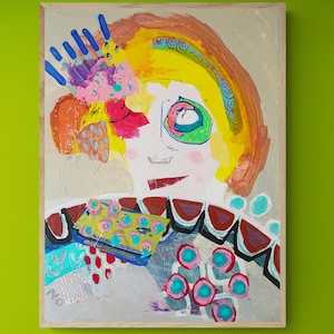 Abstract Portrait Painting, Mixed Media Collage Art, Modern Wall Art, Naive Art, Brut Art,