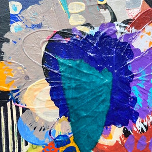 May include: Abstract painting with bold strokes of blue, purple, teal, yellow, orange, and white paint. The painting has a textured surface and a variety of shapes and patterns.