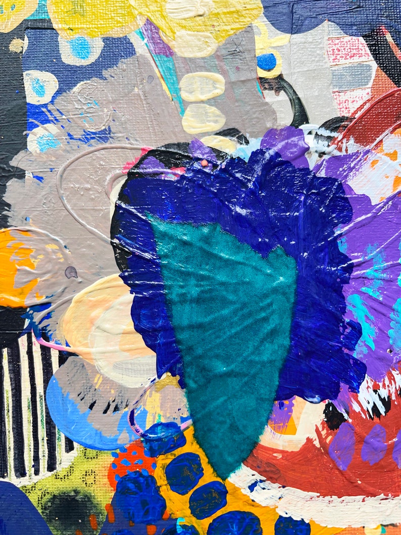 May include: Abstract painting with bold strokes of blue, purple, teal, yellow, orange, and white paint. The painting has a textured surface and a variety of shapes and patterns.