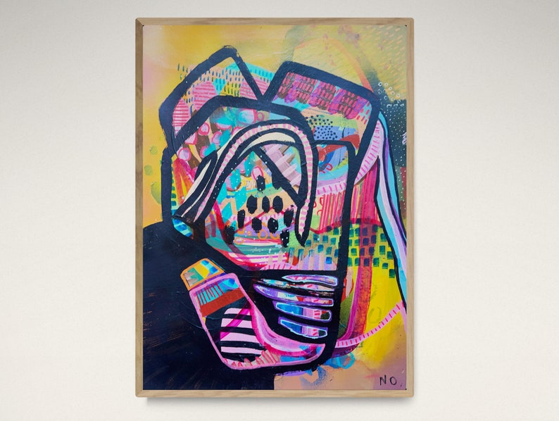 Original färgglad abstrakt målning, unik väggkonst, blandteknik, abstrakt expressionistisk målning, klotterkonst bild 1