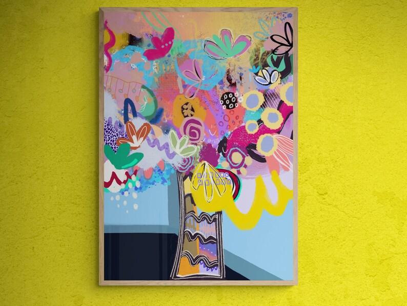 Puede incluir: Una pintura abstracta colorida de un ramo de flores en un jarr&oacute;n. Las flores est&aacute;n pintadas en varios tonos de rosa, morado, azul, amarillo y verde. El jarr&oacute;n es un jarr&oacute;n de cer&aacute;mica blanco simple con un patr&oacute;n geom&eacute;trico.