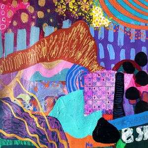 May include: Abstract painting with a colorful, layered design. The painting features a variety of shapes, including circles, squares, and swirls. The colors are bright and vibrant, including red, orange, yellow, green, blue, and purple. There is a grid with numbers in the center of the painting.