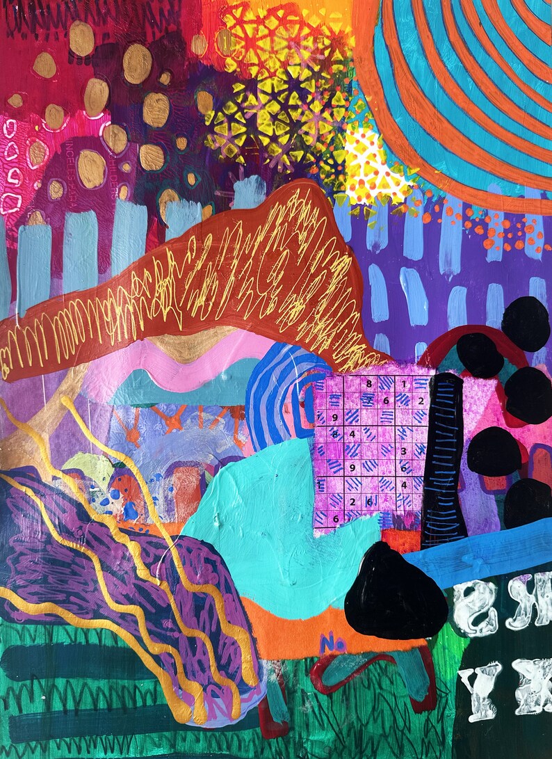 May include: Abstract painting with a colorful, layered design. The painting features a variety of shapes, including circles, squares, and swirls. The colors are bright and vibrant, including red, orange, yellow, green, blue, and purple. There is a grid with numbers in the center of the painting.
