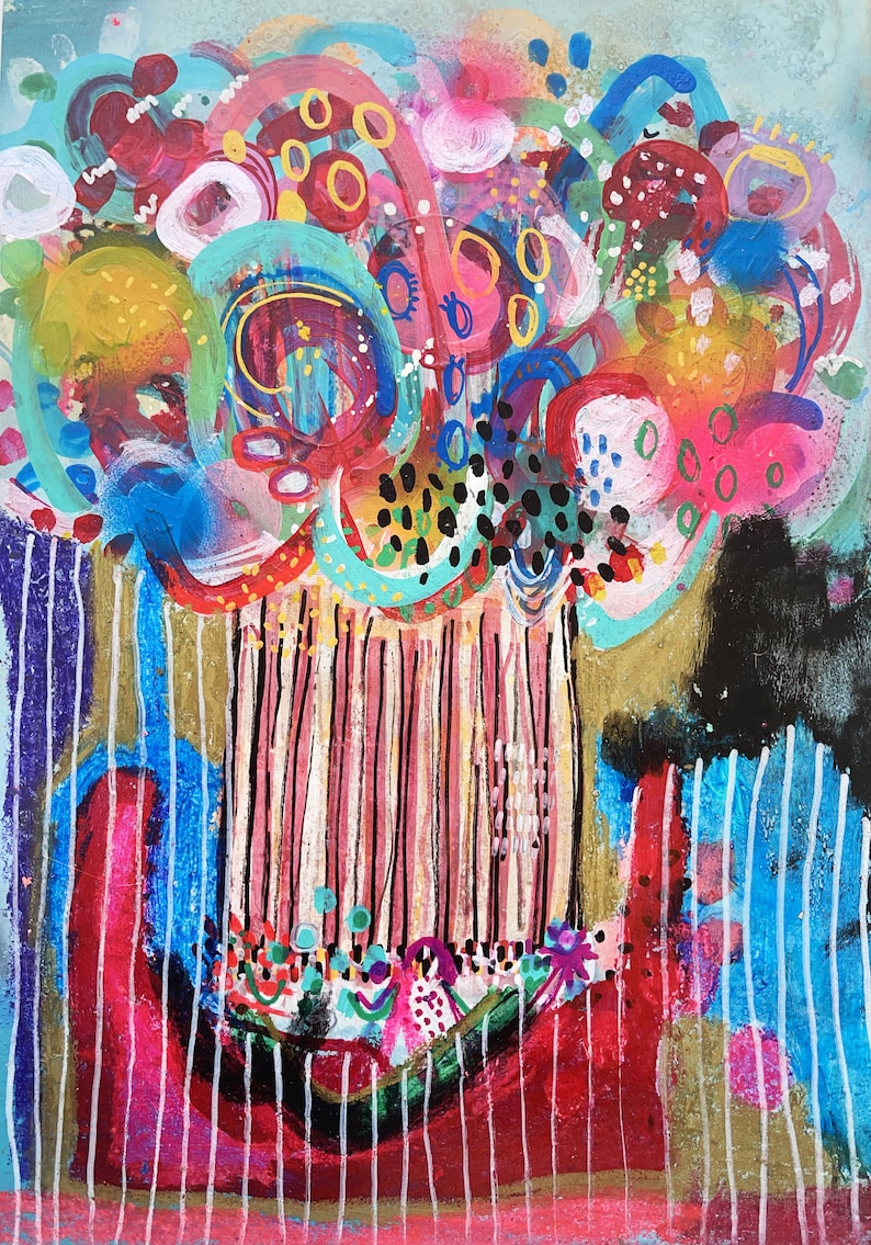 Puede incluir: Pintura abstracta con un dise&ntilde;o colorido y en espiral. La pintura presenta una variedad de colores, incluyendo rosa, azul, verde, amarillo y rojo. La pintura est&aacute; sobre un fondo azul claro.