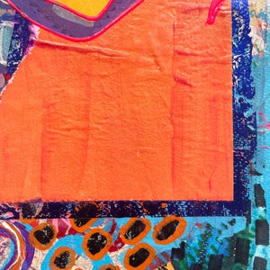 May include: Abstract painting with a bright orange background, a blue and green border, and black and orange circles in the bottom left corner.