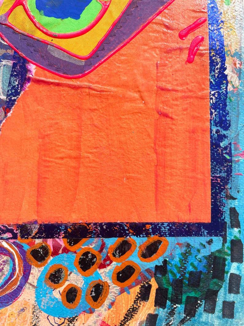 May include: Abstract painting with a bright orange background, a blue and green border, and black and orange circles in the bottom left corner.