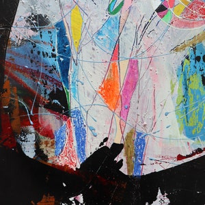 May include: Abstract painting with a white background and colorful lines, shapes, and splashes of paint. The painting features a large black shape in the lower center.