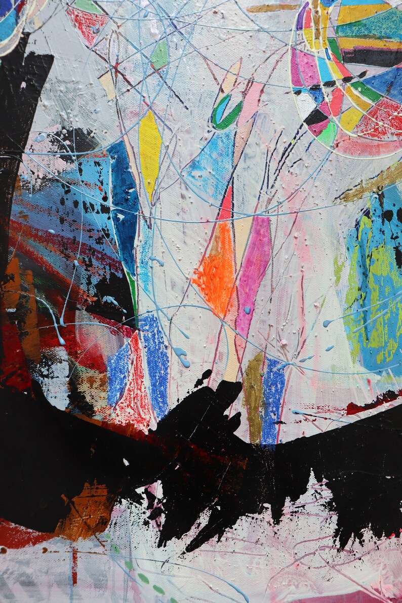 May include: Abstract painting with a white background and colorful lines, shapes, and splashes of paint. The painting features a large black shape in the lower center.