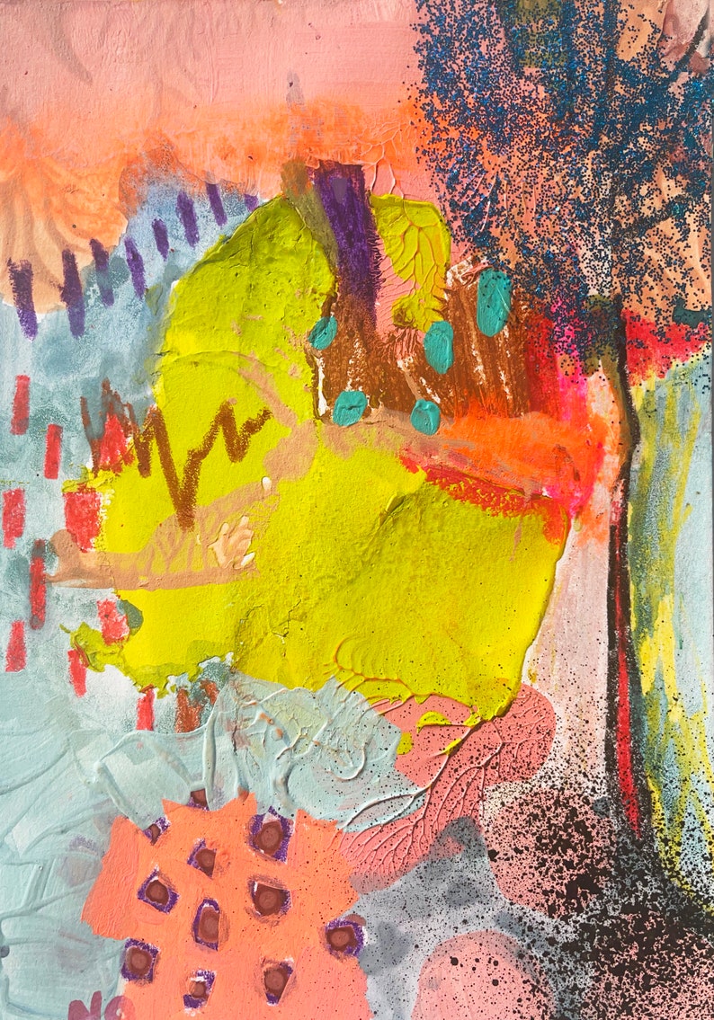 May include: Abstract painting with bright colors, including yellow, orange, pink, blue, and purple. The painting has a textured surface and includes glitter.