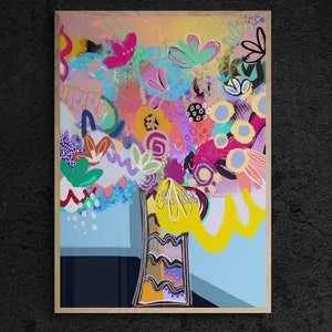 Puede incluir: Pintura abstracta de un ramo de flores colorido en un jarr&oacute;n. Las flores est&aacute;n pintadas en tonos de rosa, azul, amarillo, verde y naranja. El jarr&oacute;n es una forma simple y blanca con un contorno negro.