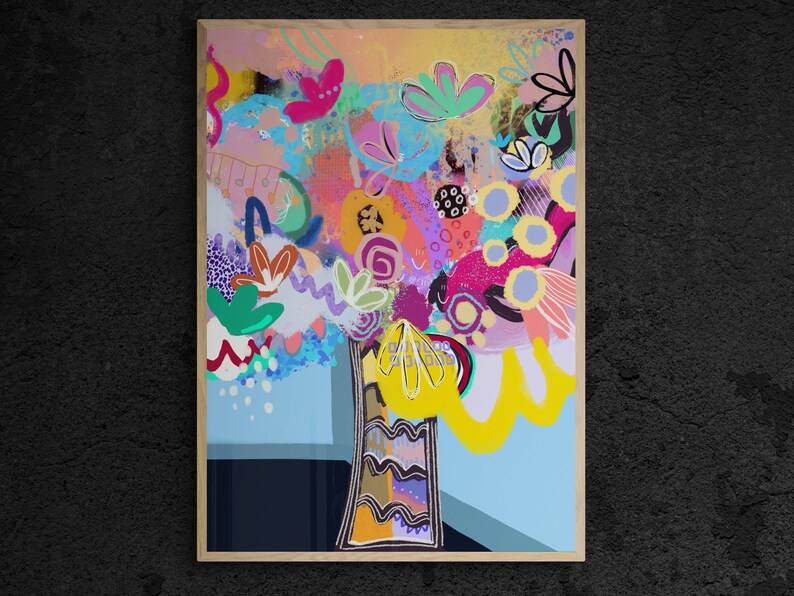 Puede incluir: Pintura abstracta de un ramo de flores colorido en un jarr&oacute;n. Las flores est&aacute;n pintadas en tonos de rosa, azul, amarillo, verde y naranja. El jarr&oacute;n es una forma simple y blanca con un contorno negro.