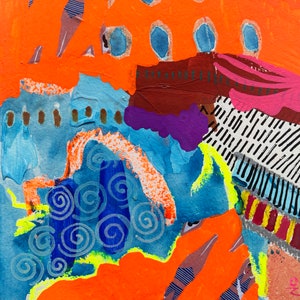 May include: Abstract collage artwork featuring two figures in orange and blue, with a background of swirling blue and orange shapes. The artwork is painted on a textured canvas.