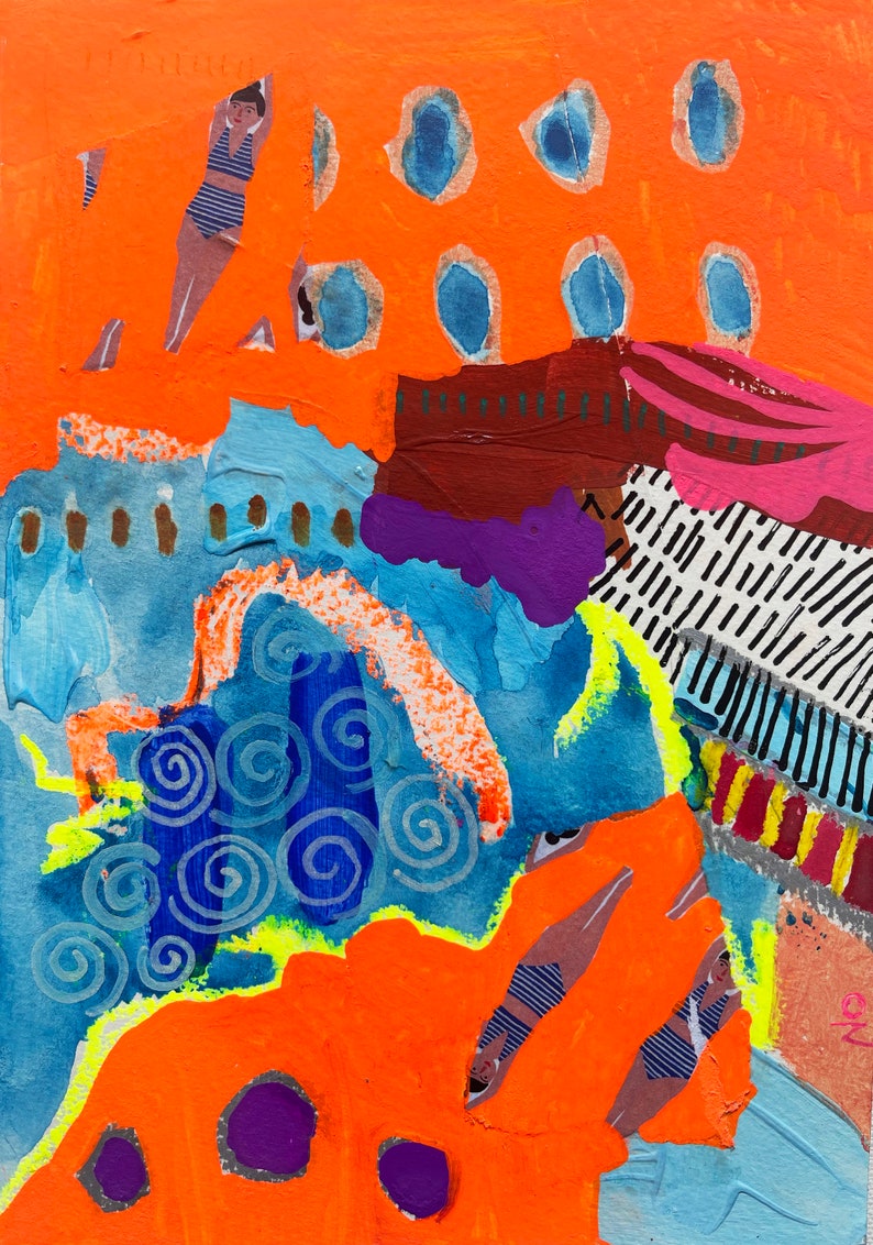 May include: Abstract collage artwork featuring two figures in orange and blue, with a background of swirling blue and orange shapes. The artwork is painted on a textured canvas.