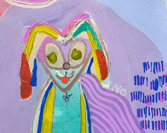 Arte de retrato abstracto, Arte de medios mixtos, Arte caprichoso, Arte de pared colorido, Animal abstracto, Arte de pared colorido, Monty the Superhero Bunny