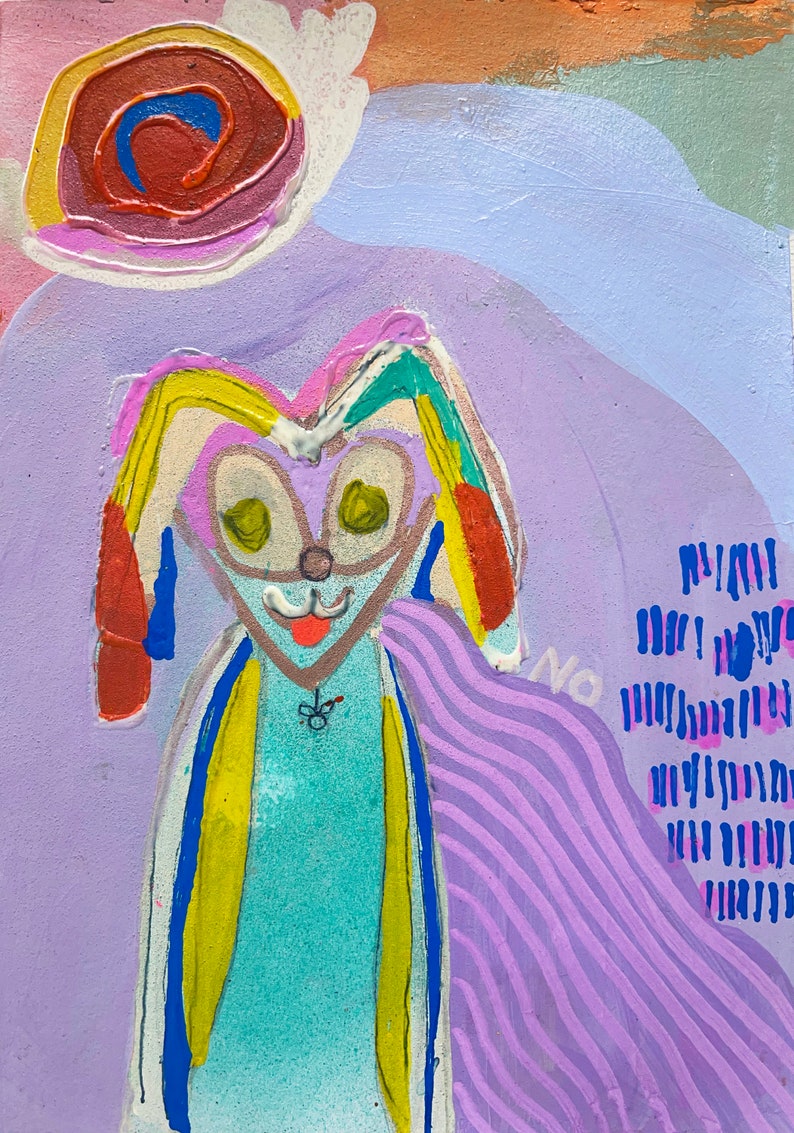 Abstracte portretkunst, mixed media kunst, grillige kunst, kleurrijke kunst aan de muur, dierlijk abstract, kleurrijke kunst aan de muur, Monty de superheld konijn afbeelding 1