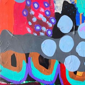May include: Abstract painting with a colorful, layered design. The painting features a variety of shapes and colors, including red, orange, blue, purple, and green. The painting is done in a bold and expressive style.