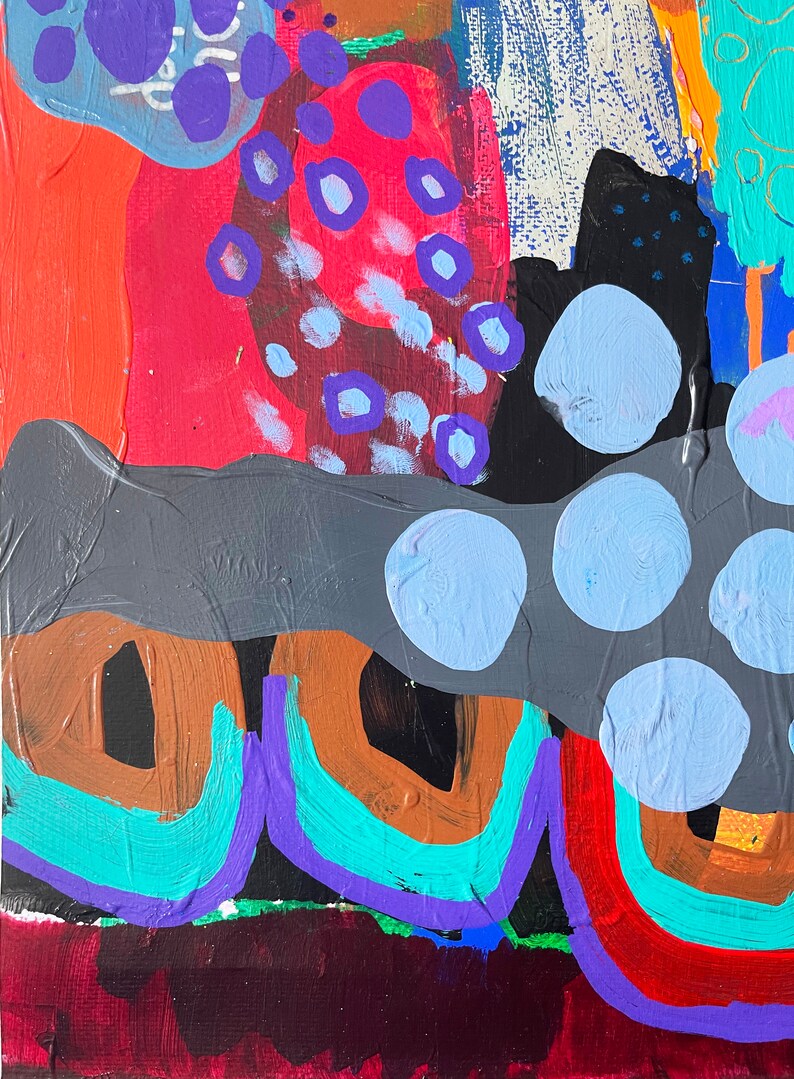 May include: Abstract painting with a colorful, layered design. The painting features a variety of shapes and colors, including red, orange, blue, purple, and green. The painting is done in a bold and expressive style.