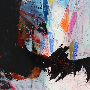 May include: Abstract painting with bold strokes of black, blue, red, orange, and green paint. The painting has a textured surface and a white background.