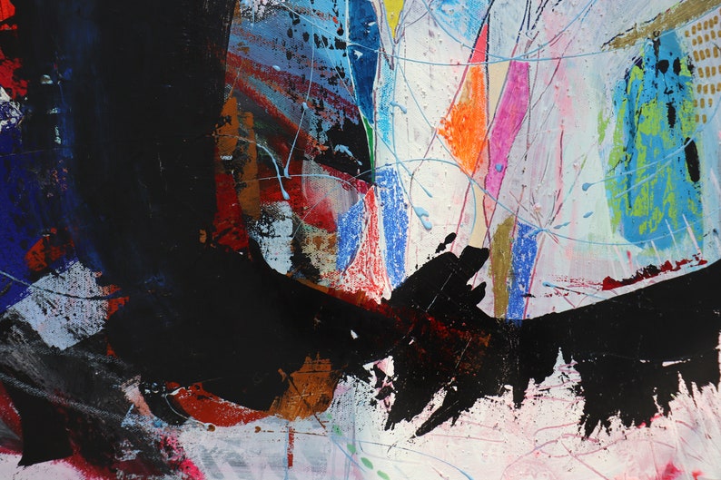 May include: Abstract painting with bold strokes of black, blue, red, orange, and green paint. The painting has a textured surface and a white background.
