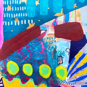 May include: Abstract painting with a blue, yellow, green, and red color scheme. The painting features a variety of shapes and textures, including stars, circles, and stripes.