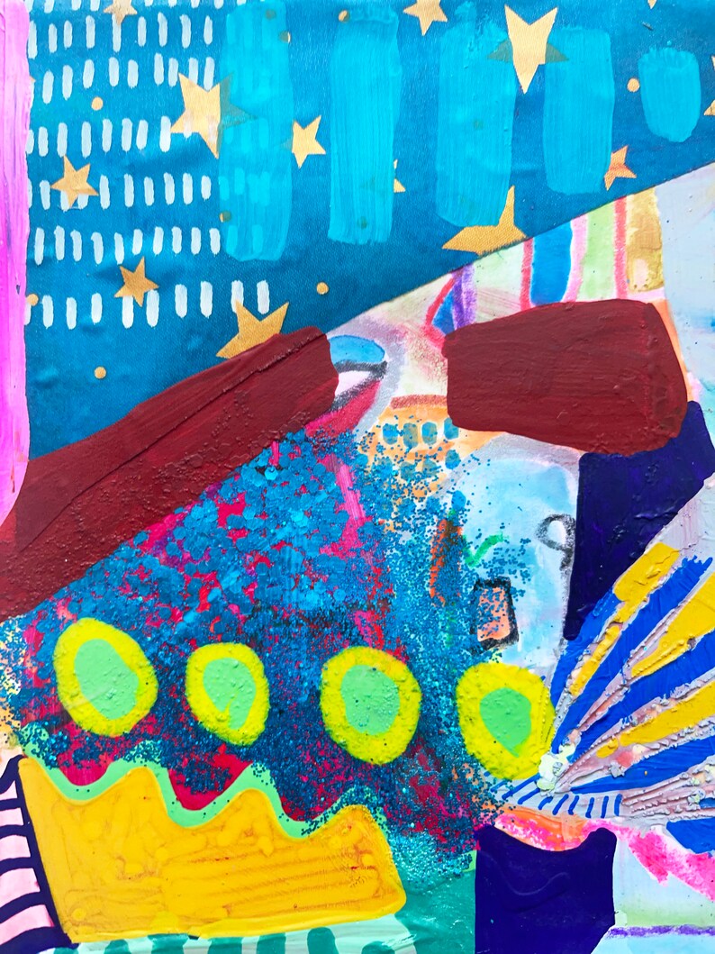 May include: Abstract painting with a blue, yellow, green, and red color scheme. The painting features a variety of shapes and textures, including stars, circles, and stripes.