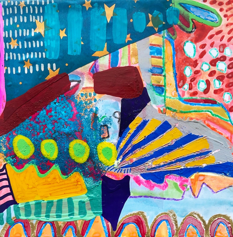 May include: Abstract painting with a blue, yellow, and red color scheme. The painting features a variety of shapes and textures, including stars, stripes, and dots. The painting is done in a bold and expressive style.