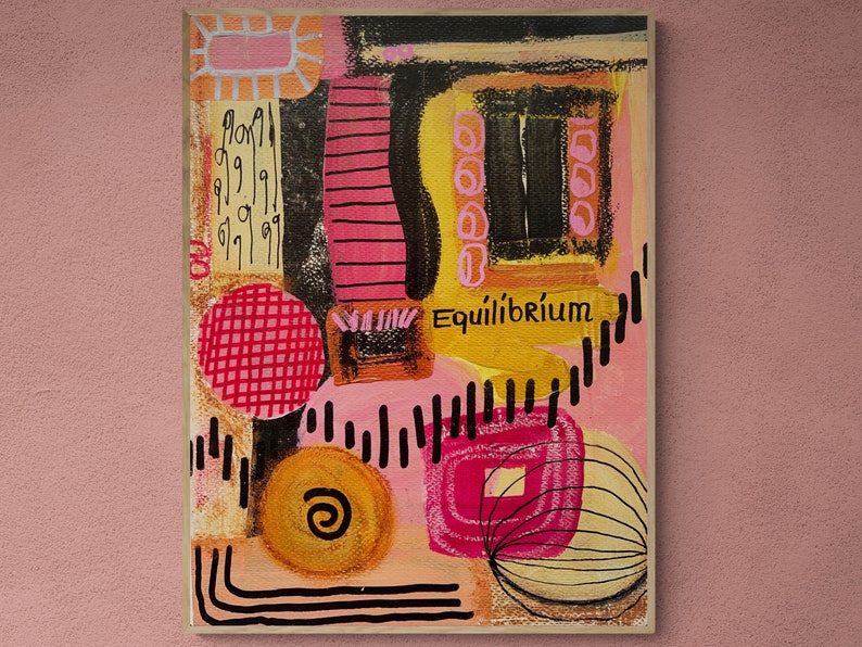 May include: Abstract painting with a pink, yellow, and black color scheme. The painting features geometric shapes, lines, and circles. The word "Equilibrium" is written in black paint on the canvas.