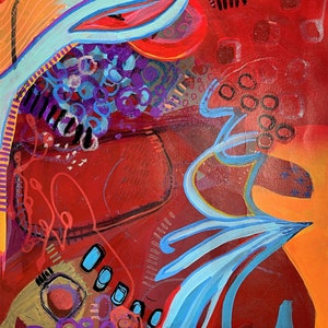May include: Abstract painting with a vibrant red background and colourful shapes, lines, and circles. The painting features a mix of blue, purple, orange, and yellow hues.