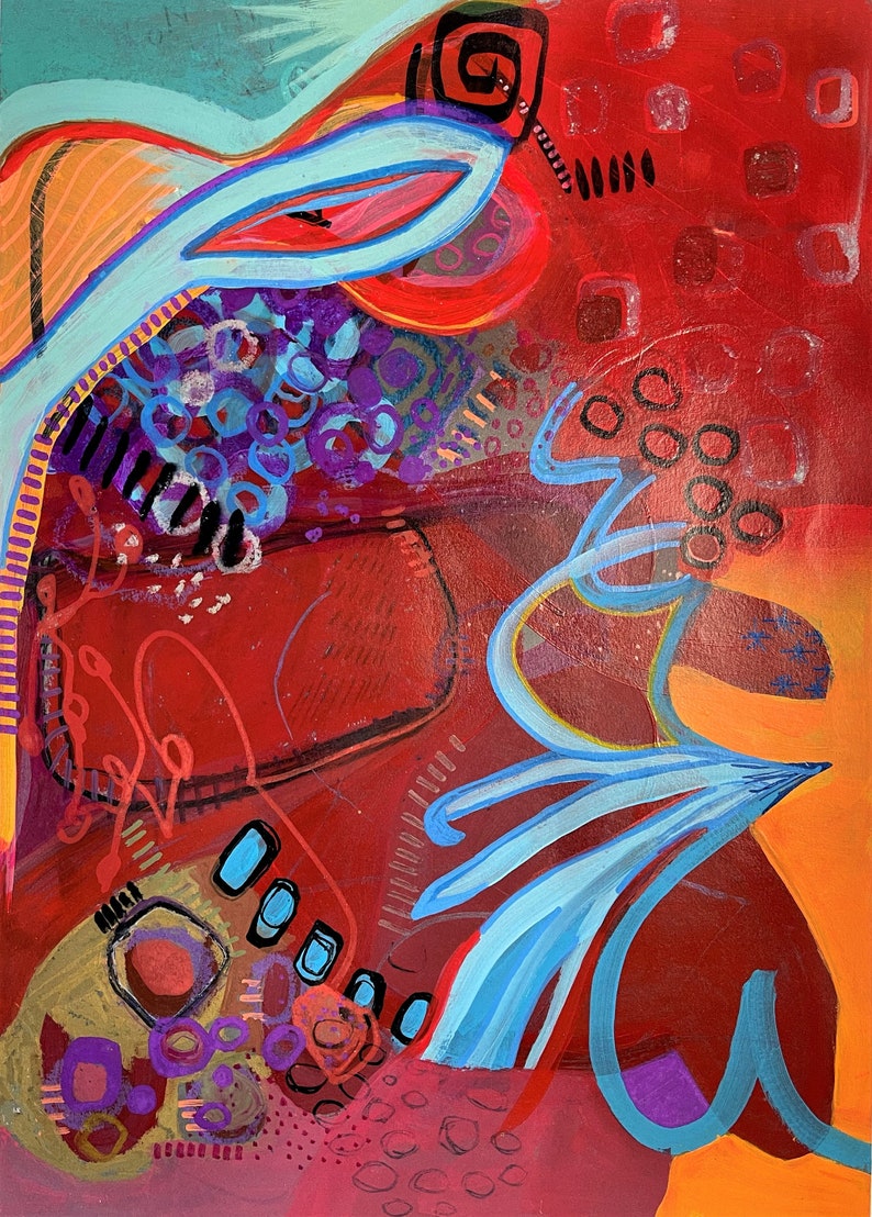 May include: Abstract painting with a vibrant red background and colourful shapes, lines, and circles. The painting features a mix of blue, purple, orange, and yellow hues.