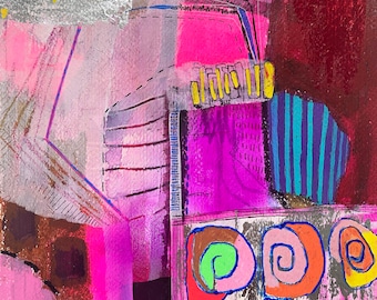 Puede incluir: Pintura abstracta con una mezcla de colores rosa, morado, azul, amarillo y naranja. La pintura presenta formas geométricas, líneas y remolinos. El fondo es de color rojo oscuro.