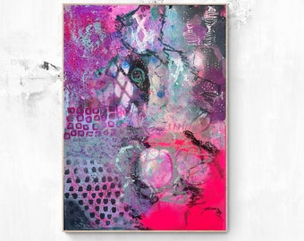 Abstract Original Painting - Neon Pink and Gray Wall Art - Intuitive Painting - Small Artwork