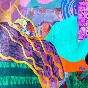 May include: Abstract painting with a mix of colors including pink, blue, green, yellow, and purple. The painting features a variety of shapes and textures, including swirls, lines, and dots. The painting is framed with a black border.