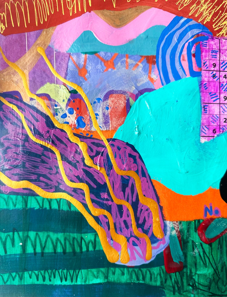 May include: Abstract painting with a mix of colors including pink, blue, green, yellow, and purple. The painting features a variety of shapes and textures, including swirls, lines, and dots. The painting is framed with a black border.