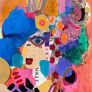 May include: Abstract painting with a colorful, layered style. The painting features a blue, green, purple, and pink background with a variety of shapes and textures. The word "Vogue" is visible in the lower left corner of the painting.