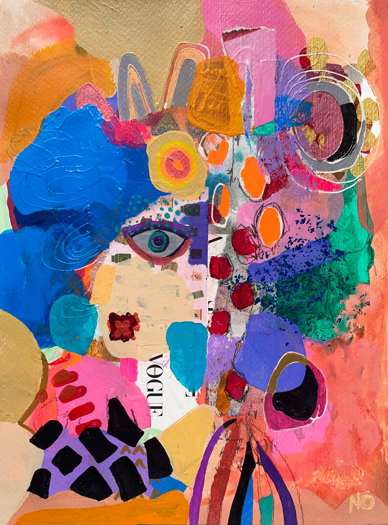 May include: Abstract painting with a colorful, layered style. The painting features a blue, green, purple, and pink background with a variety of shapes and textures. The word "Vogue" is visible in the lower left corner of the painting.