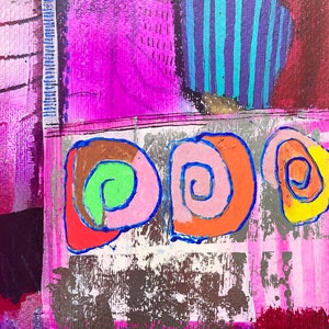 May include: Abstract painting with a pink, purple, and blue background. The painting features three colourful swirls with green, orange, and yellow accents. The swirls are outlined in blue.
