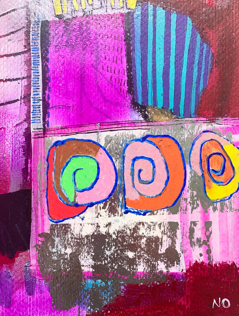 May include: Abstract painting with a pink, purple, and blue background. The painting features three colourful swirls with green, orange, and yellow accents. The swirls are outlined in blue.