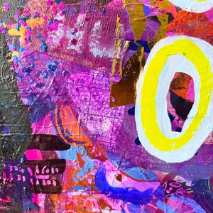 May include: Abstract painting with a purple, pink, and yellow colour scheme. The painting features a grid pattern, circles, and a variety of textures.