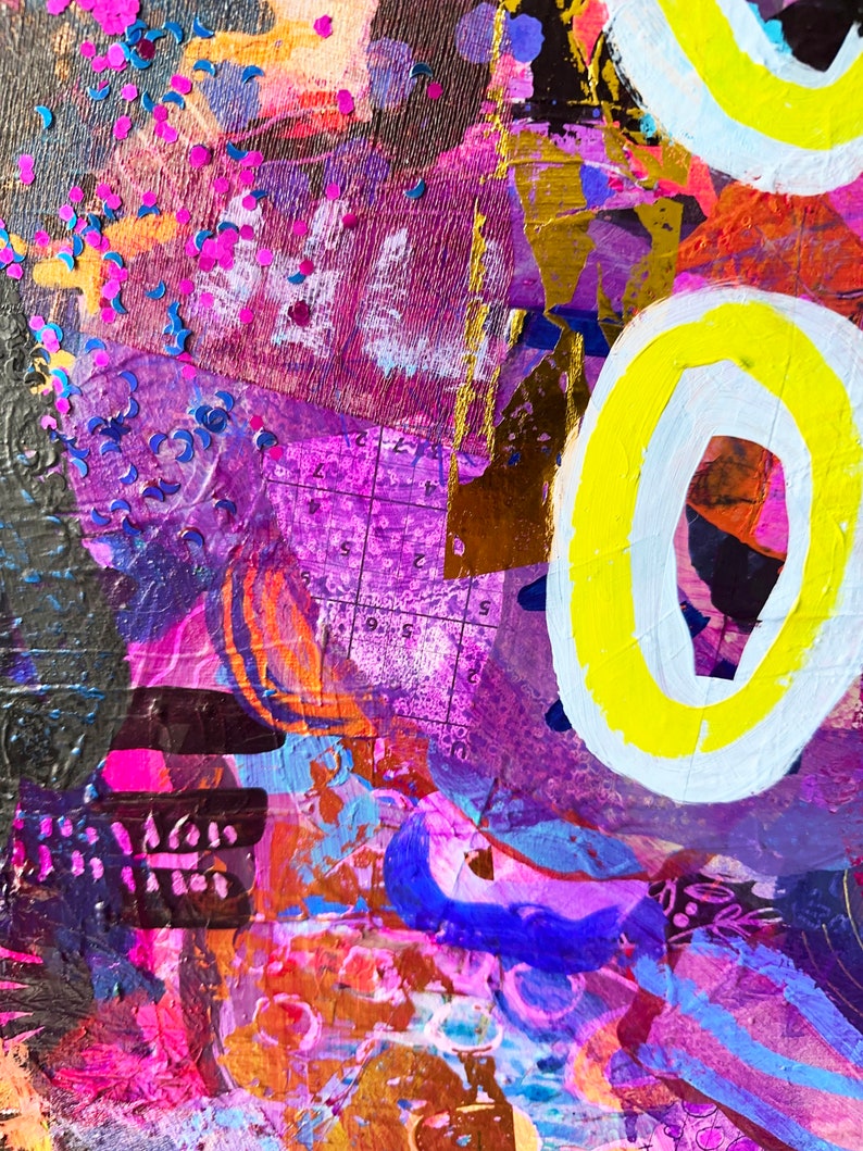 May include: Abstract painting with a purple, pink, and yellow colour scheme. The painting features a grid pattern, circles, and a variety of textures.