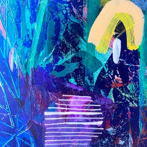 Samtida abstrakt expressionistisk målning, blandteknik collagekonstverk, botanisk väggkonst, original blandteknik assemblagekonst bild 7
