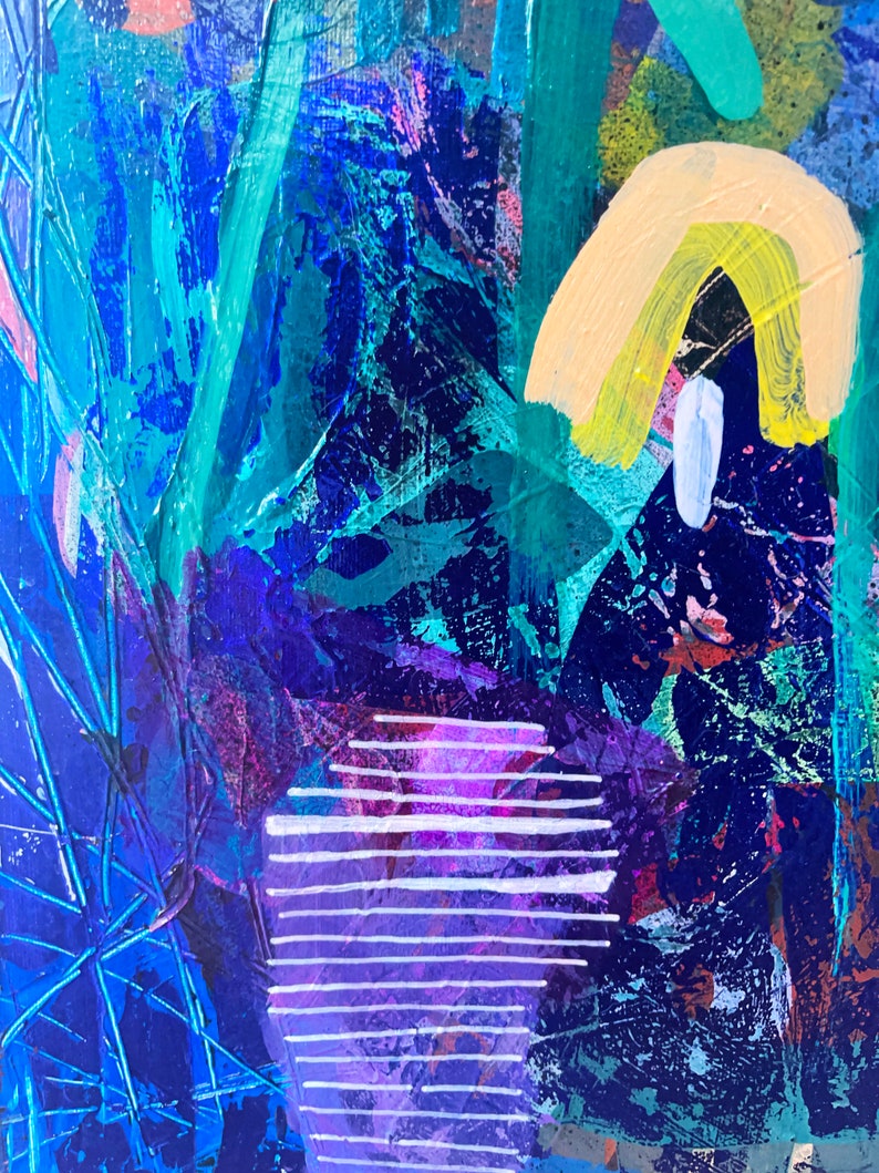 Samtida abstrakt expressionistisk målning, blandteknik collagekonstverk, botanisk väggkonst, original blandteknik assemblagekonst bild 7