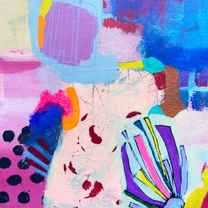 Pu&ograve; includere: Dipinto astratto con uno schema di colori rosa, blu e giallo. Il dipinto presenta una variet&agrave; di forme e linee, tra cui una grande forma viola al centro. La parola "NO" &egrave; scritta in blu nell'angolo in alto a sinistra.