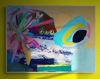 Puede incluir: Pintura abstracta con un diseño colorido y giratorio en el centro y un círculo azul, amarillo y rosa a la derecha. El fondo es beige claro con toques de azul y verde.